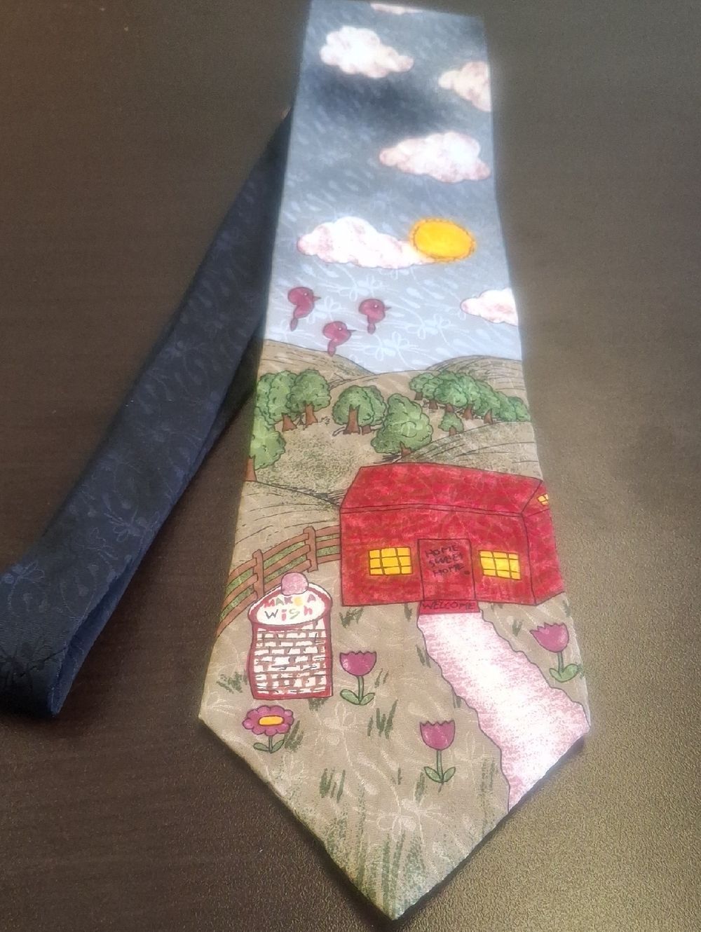Make A Wish Silk Tie with Red Barn and Floral Motif